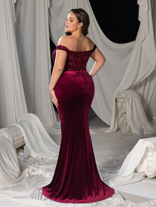 Plus Size Off-Shoulder Velvet Mermaid Gown with High Slit - product image 2