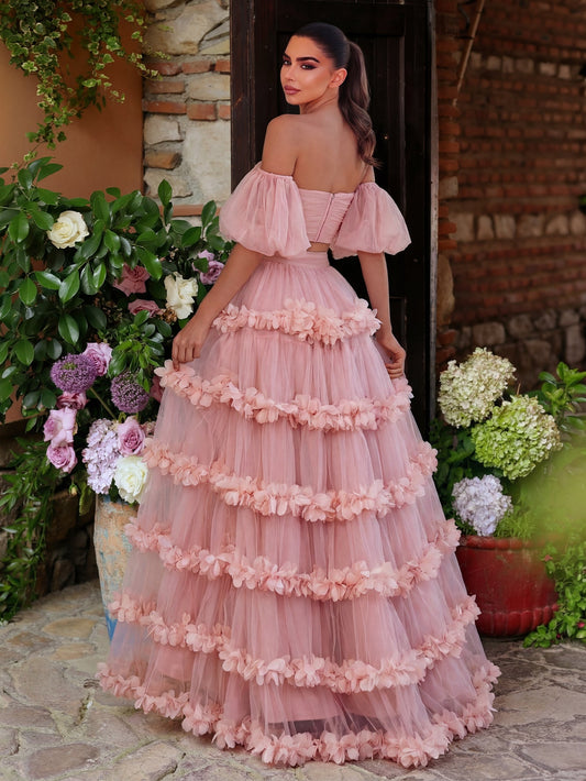 Off Shoulder Puff Sleeve Crop Top & Frill Trim Mesh Skirt – authorized supplier view 1