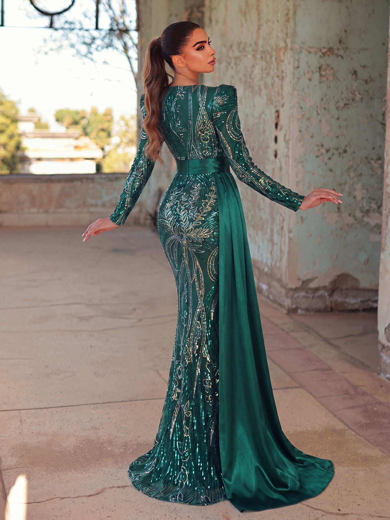 Elegant Sequin Embroidered V-Neck Mermaid Gown | Long Sleeve with Wide Belt & Sweep Train