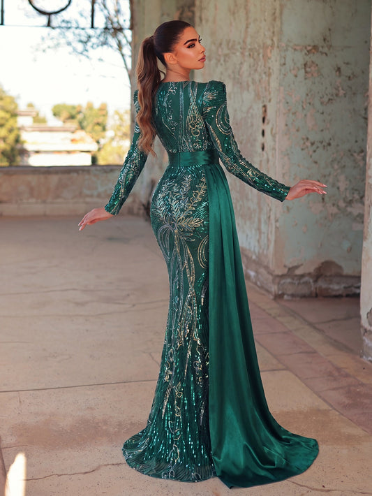 Elegant Sequin Embroidered V-Neck Mermaid Gown | Long Sleeve with Wide Belt & Sweep Train