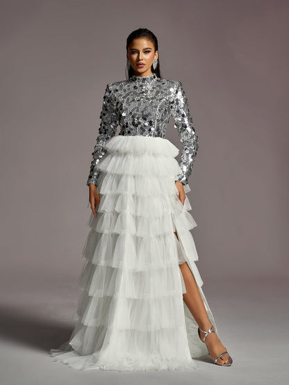 Additional product view of Layered Hem Sequin Bodice Tulle Mock-Neck Long-Sleeve Wedding Dress