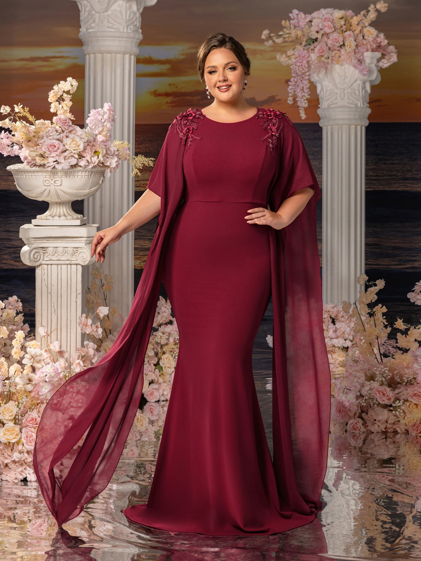 Additional product view of Floral Appliqué Plus-Size Chiffon Long-Sleeve Mermaid Mother-of-the-Bride Dress