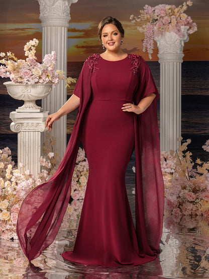 Additional product view of Floral Appliqué Plus-Size Chiffon Long-Sleeve Mermaid Mother-of-the-Bride Dress
