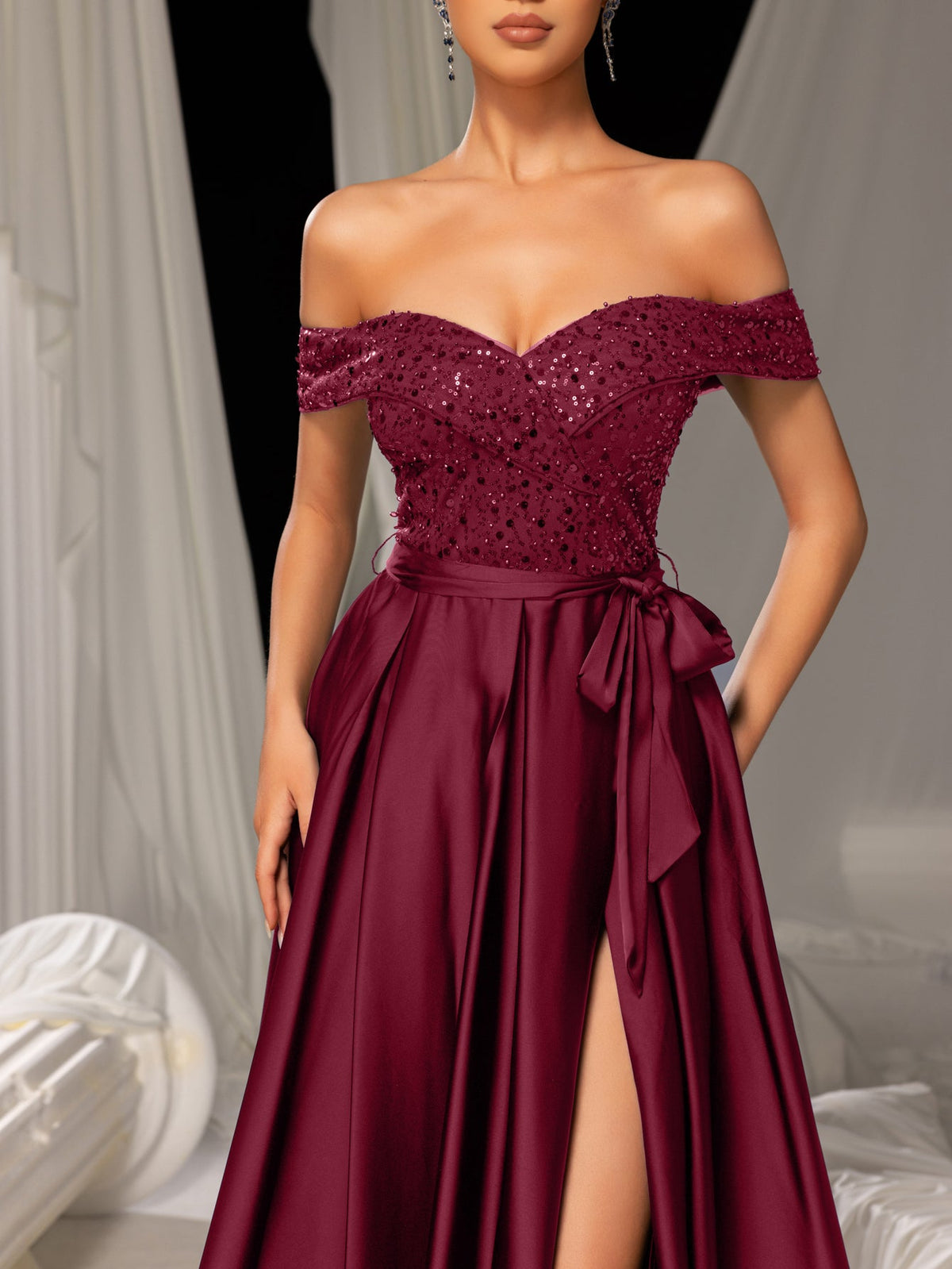 Elegant Off-Shoulder Evening Gown with Sequin Embellishments – High Slit Satin Skirt & Back Zipper for Luxury Weddings or Evening Glam, XS-XL