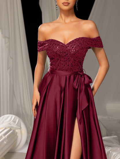 Elegant Off-Shoulder Evening Gown with Sequin Embellishments – High Slit Satin Skirt & Back Zipper for Luxury Weddings or Evening Glam, XS-XL