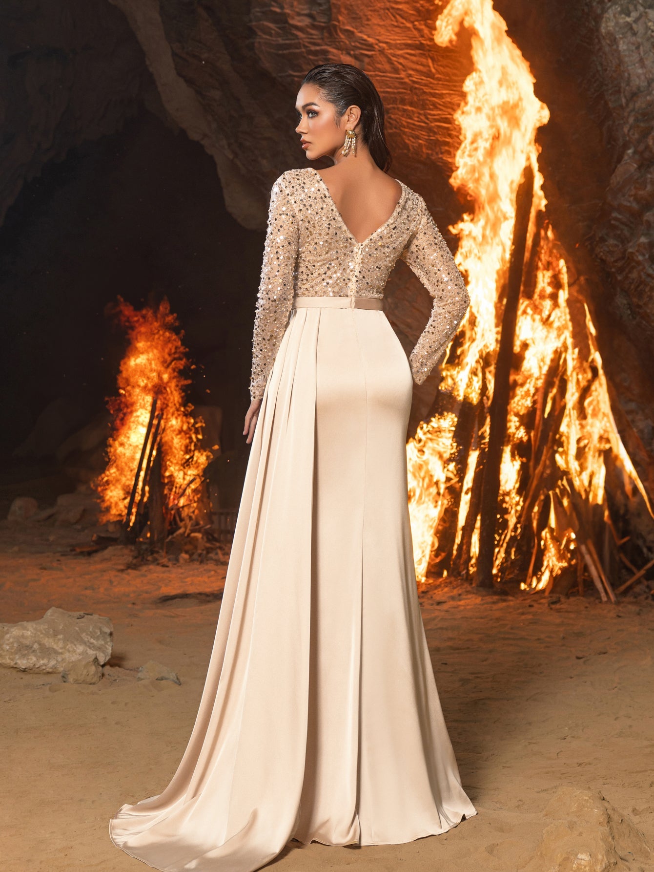 Elegant Satin Evening Gown with High Side Slit & Beaded Sequin Sleeves – Luxurious for Art Gallery Openings or Luxury Charity Galas, XS-XL