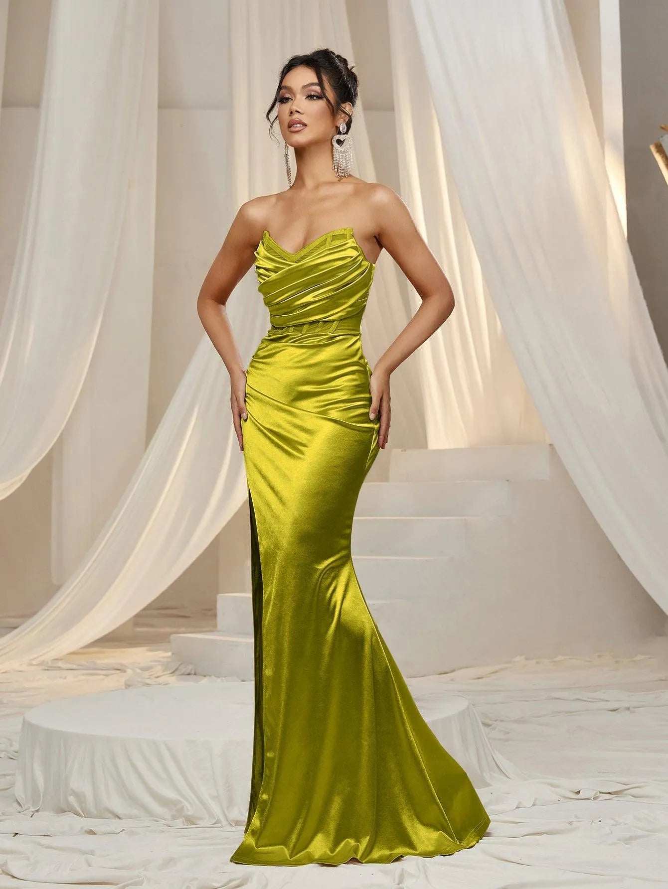Additional product view of Ruched Wrap Mermaid Hem Strapless Satin High-Slit Evening Gown