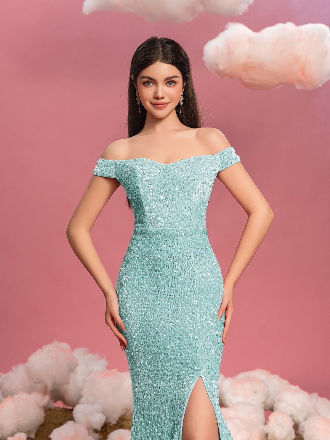 Additional product view of Mermaid Hem Off-Shoulder Sequin Short-Sleeve Maxi Teen Girls' Party Dress