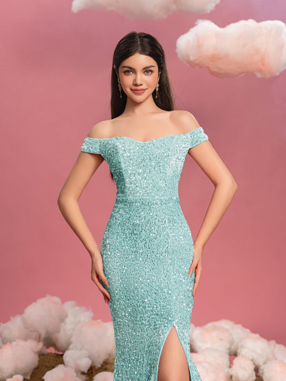 Additional product view of Mermaid Hem Off-Shoulder Sequin Short-Sleeve Maxi Teen Girls' Party Dress