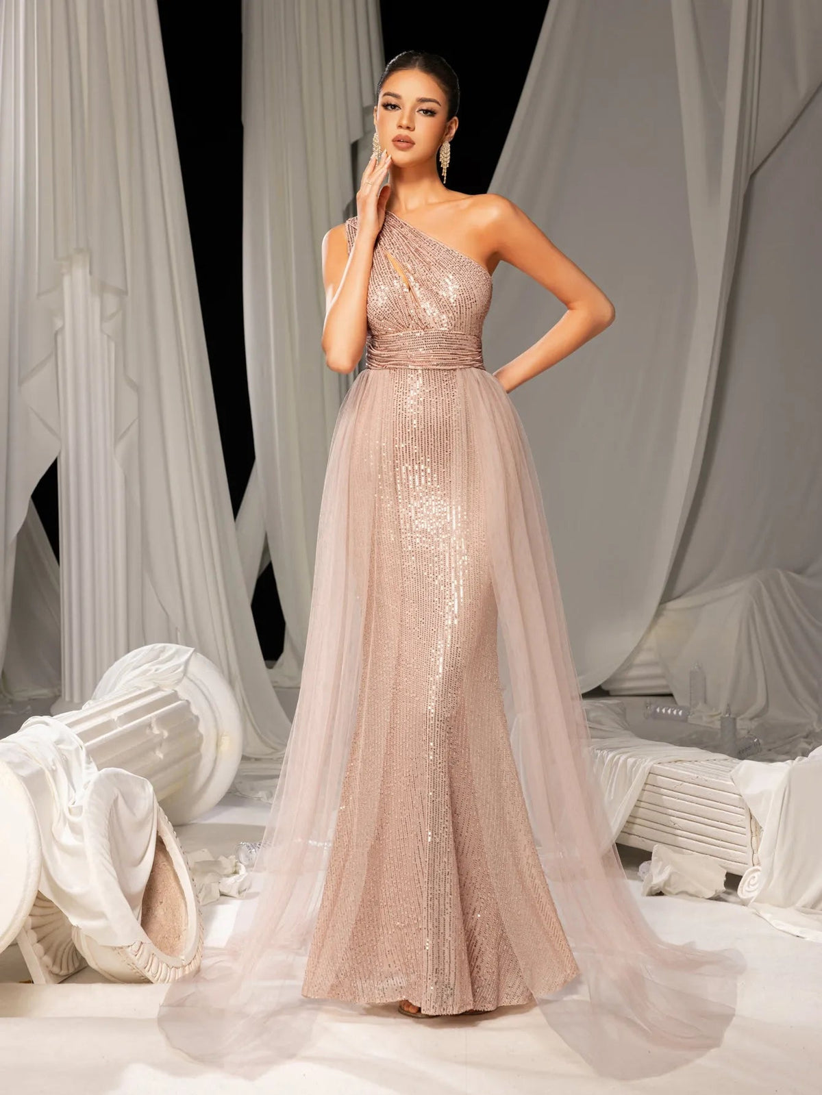 Additional product view of Mesh Overlay One-Shoulder Sequin Mermaid Sleeveless Evening Gown