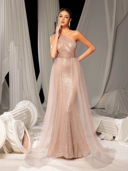 Additional product view of Mesh Overlay One-Shoulder Sequin Mermaid Sleeveless Evening Gown