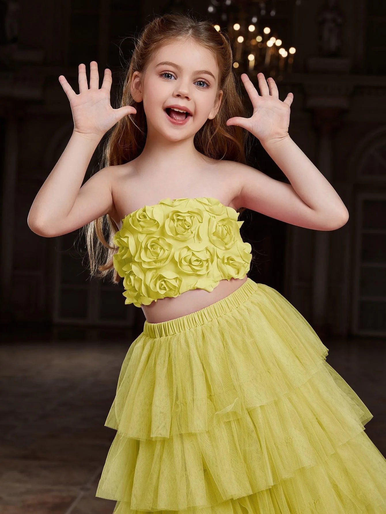 Additional product view of Strapless Mesh 3D-Flower A-Line Sleeveless Girls' Two-Piece Formal Set