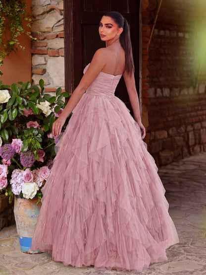 Elegant Strapless Mesh Overlay Formal Party Dress
