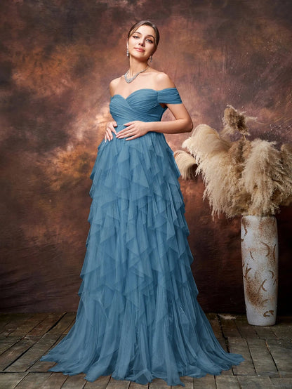Maternity Off-Shoulder Tulle Short-Sleeve A-Line Evening Gown — authorized product image 16