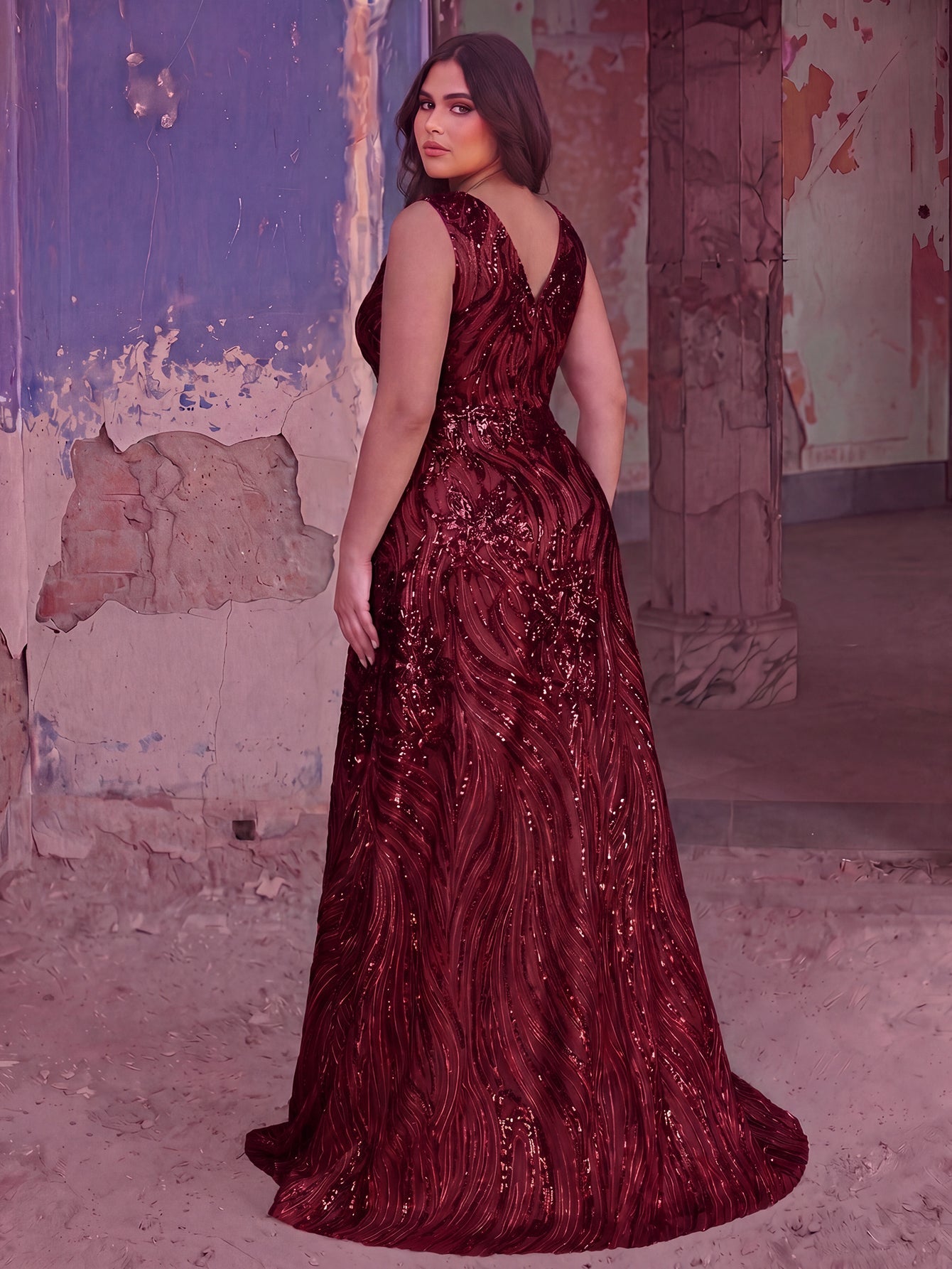 Plus Floral Sequin V Neck Sleeveless A-Line Formal Dress