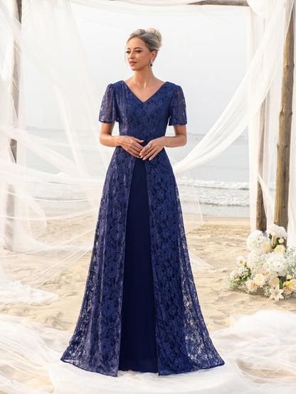 Additional view of Navy Blue V-Neck Lace Floral A-Line Mother of the Bride Dress