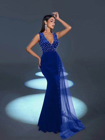 Additional view of V-Neck Velvet Sleeveless Mermaid Evening Gown