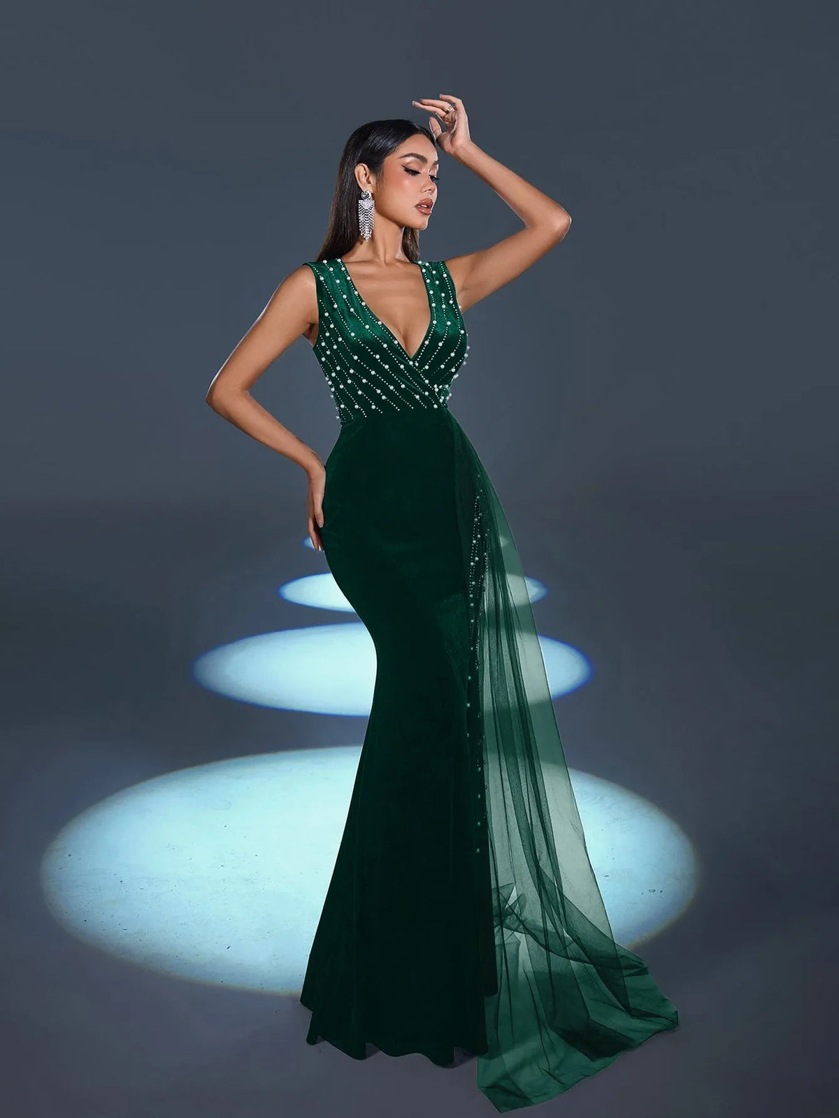 Additional view of V-Neck Velvet Sleeveless Mermaid Evening Gown