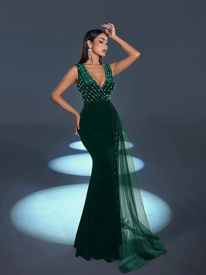 Additional view of V-Neck Velvet Sleeveless Mermaid Evening Gown