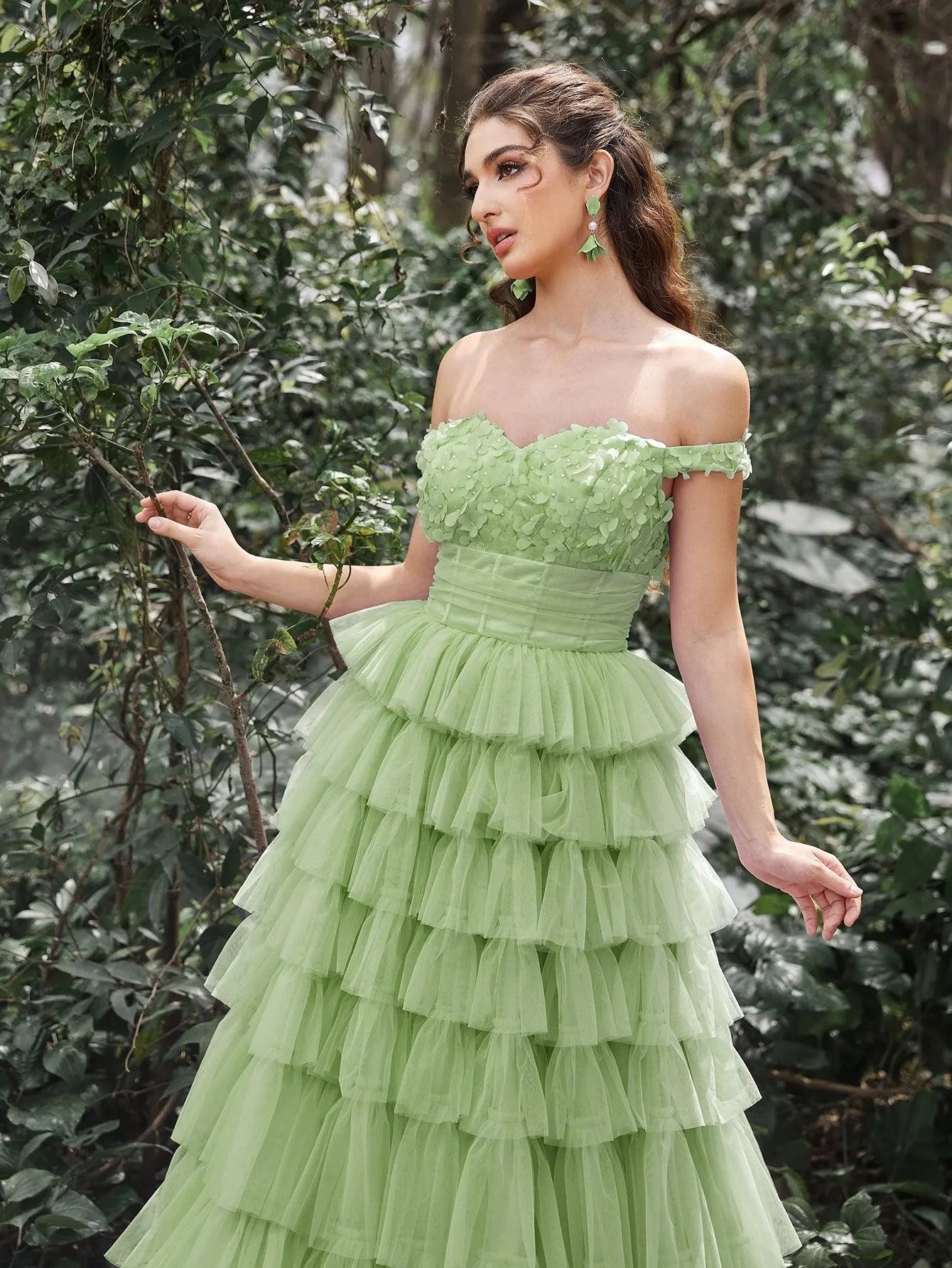 Off-Shoulder Applique Bodice Cascading Ruffle Hem Prom Dress — authorized product image 9