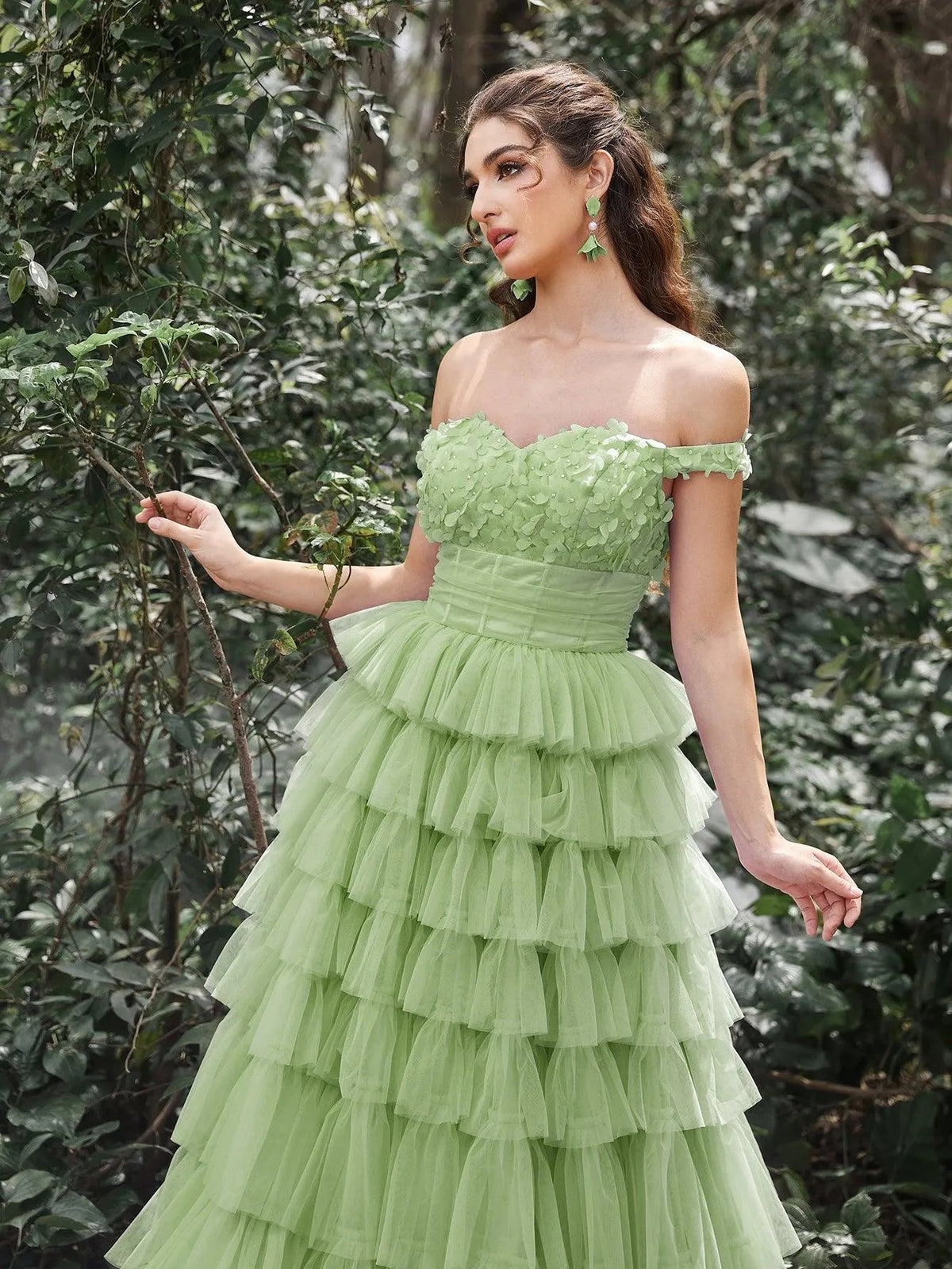 Off-Shoulder Applique Bodice Cascading Ruffle Hem Prom Dress — authorized product image 9