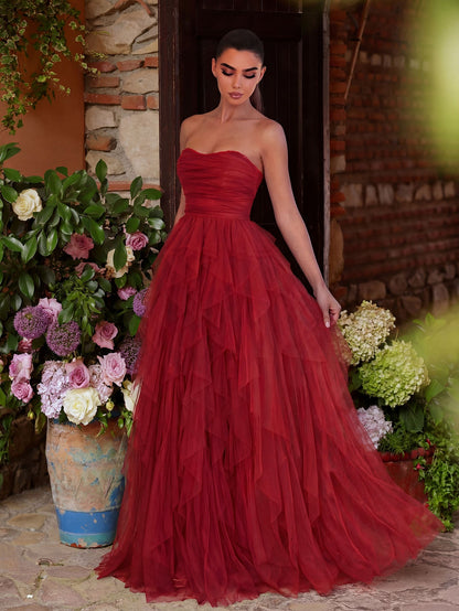 Elegant Strapless Mesh Overlay Formal Party Dress