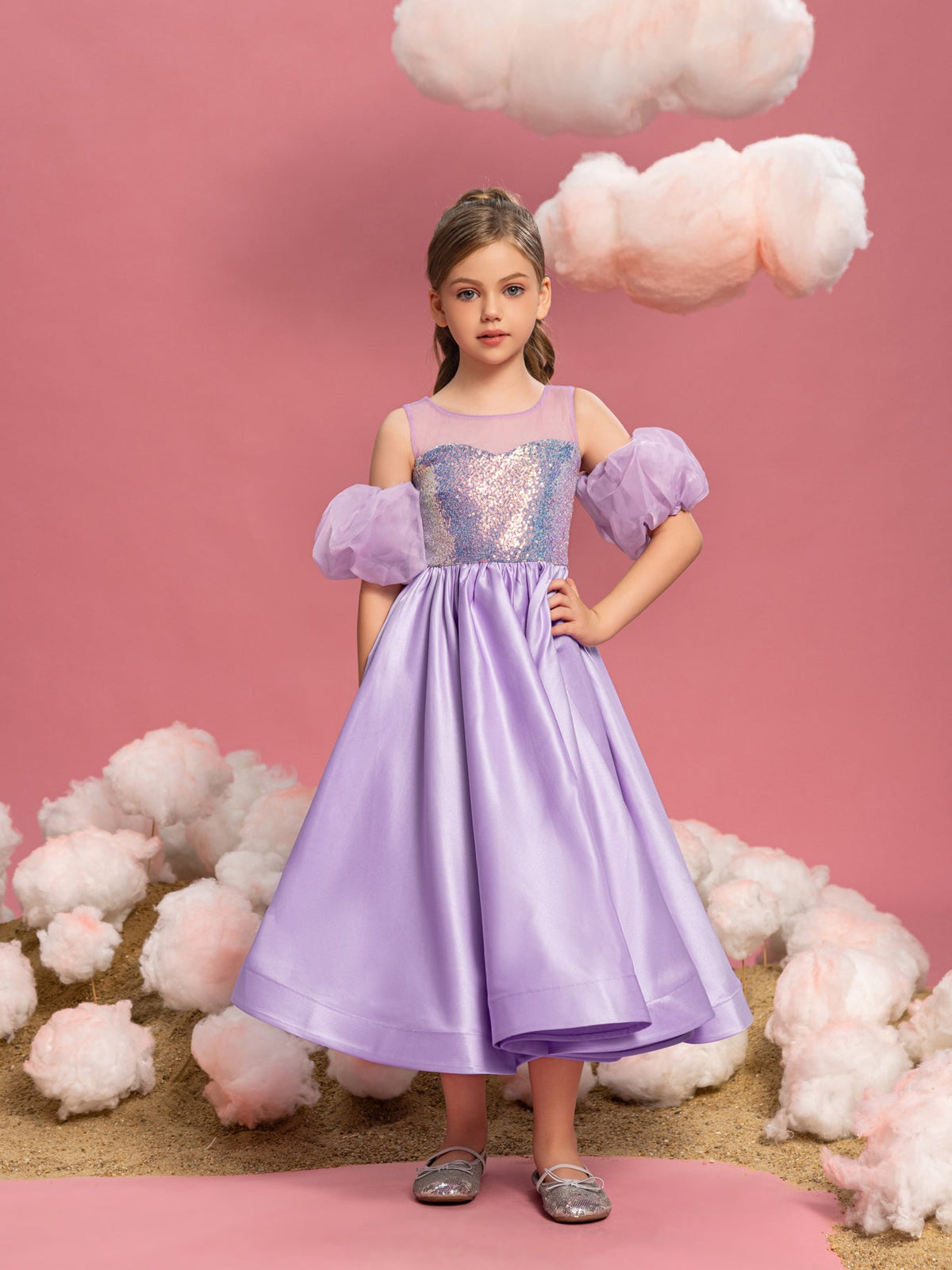 Additional product view of Puff-Sleeve Sequin A-Line Satin Midi Tween Girls' Party Dress