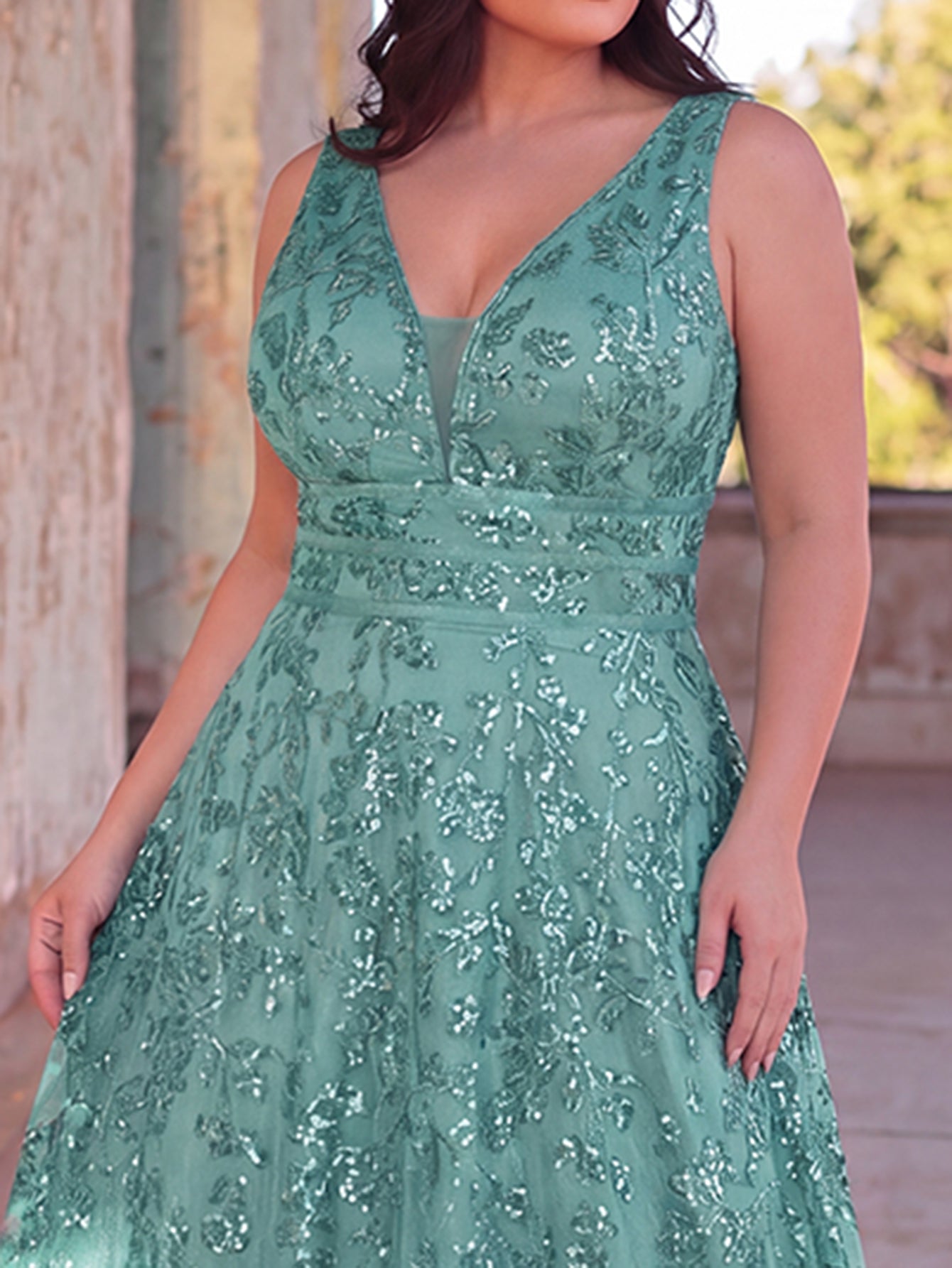 Plus Plunging Meck Backless Floral Sequin Prom Dress