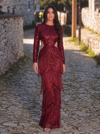 Gorgeous Cut Out Waist Fringed Sequin Party Dress