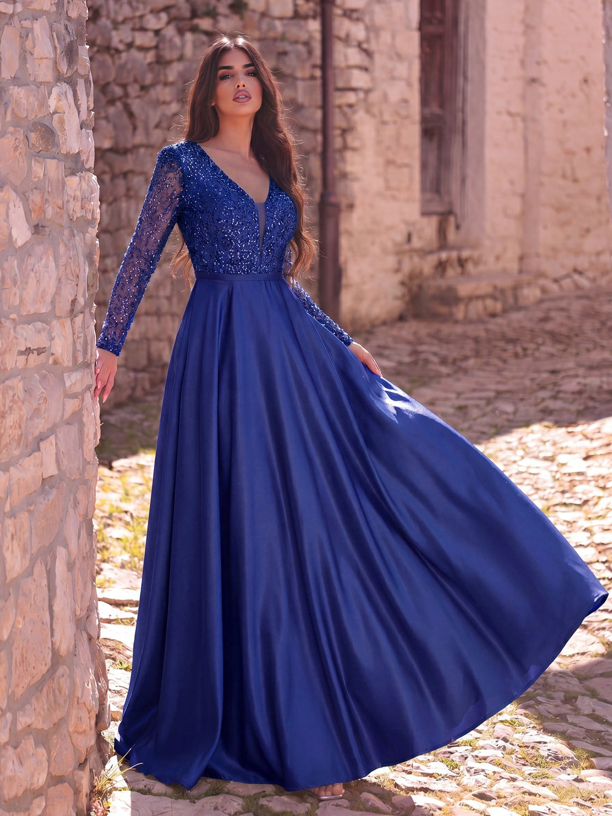 Elegant V-Neck Long Sleeve Evening Gown with Puffed Sleeve Detailing, Sequin Beaded Embellishments, Thin Waist Belt & Satin A-Line Skirt | Elegant Formal Dress for Special Occasions