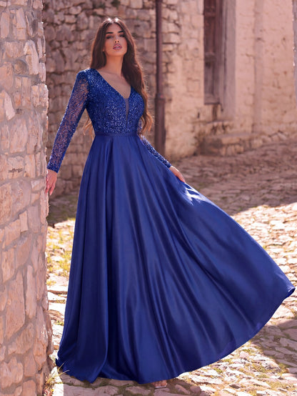 Elegant V-Neck Long Sleeve Evening Gown with Puffed Sleeve Detailing, Sequin Beaded Embellishments, Thin Waist Belt & Satin A-Line Skirt | Elegant Formal Dress for Special Occasions