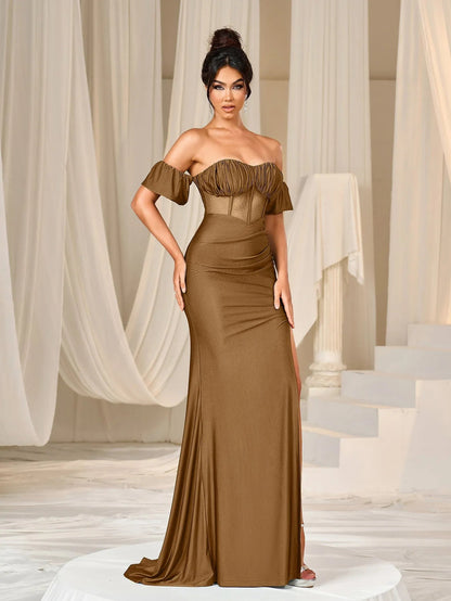 Additional product view of Mermaid Hem Off-Shoulder Knit Backless Short-Sleeve Evening Gown