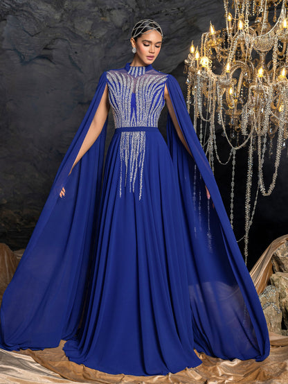 Elegant Chiffon Evening Gown with Beaded Sequin Embroidery Vertical Stripes, Cape-Style Sleeves, Flowy Skirt and Waist Belt Accent – view 4