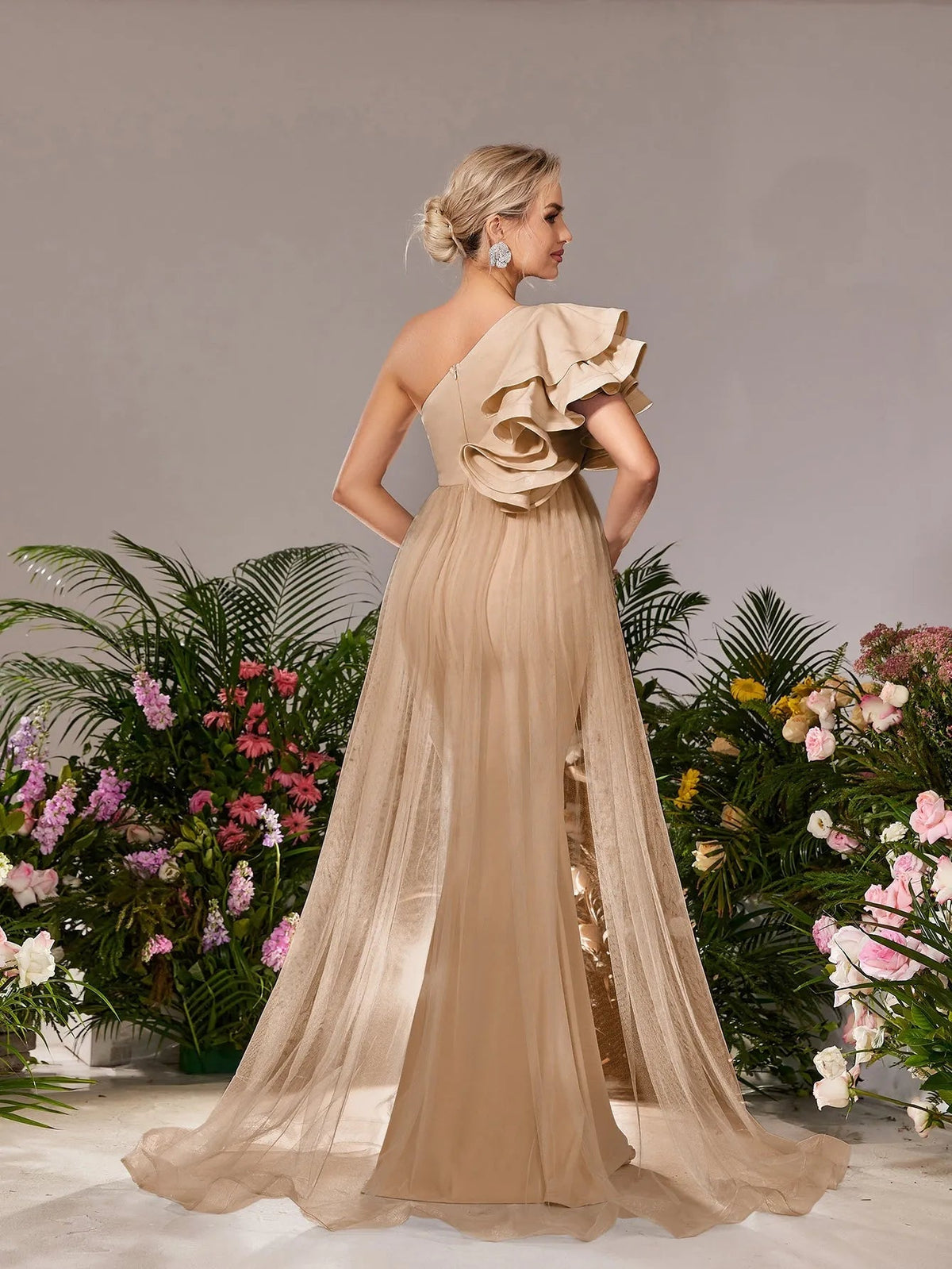 Additional product view of Mesh Overlay Ruffle Trim One-Shoulder Knit Mermaid Maternity Evening Dress