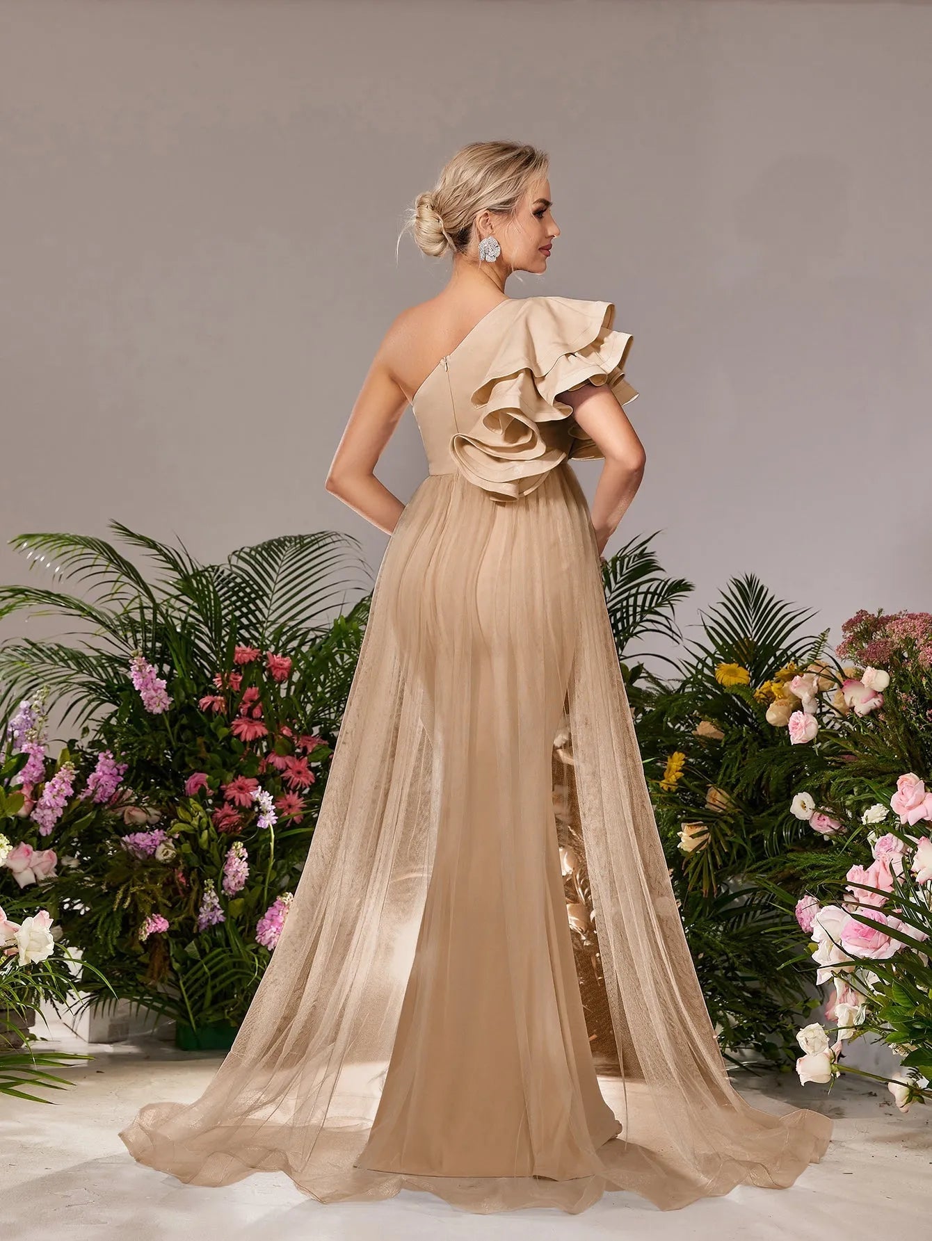 Additional product view of Mesh Overlay Ruffle Trim One-Shoulder Knit Mermaid Maternity Evening Dress