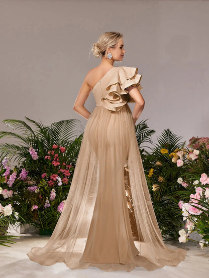 Additional product view of Mesh Overlay Ruffle Trim One-Shoulder Knit Mermaid Maternity Evening Dress