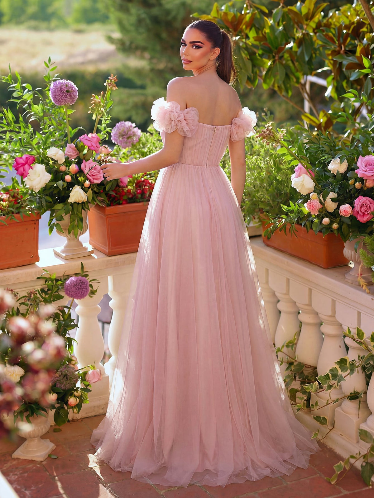 Elegant Off Shoulder Ruched Bust Split Thigh Tulle Evening Dress