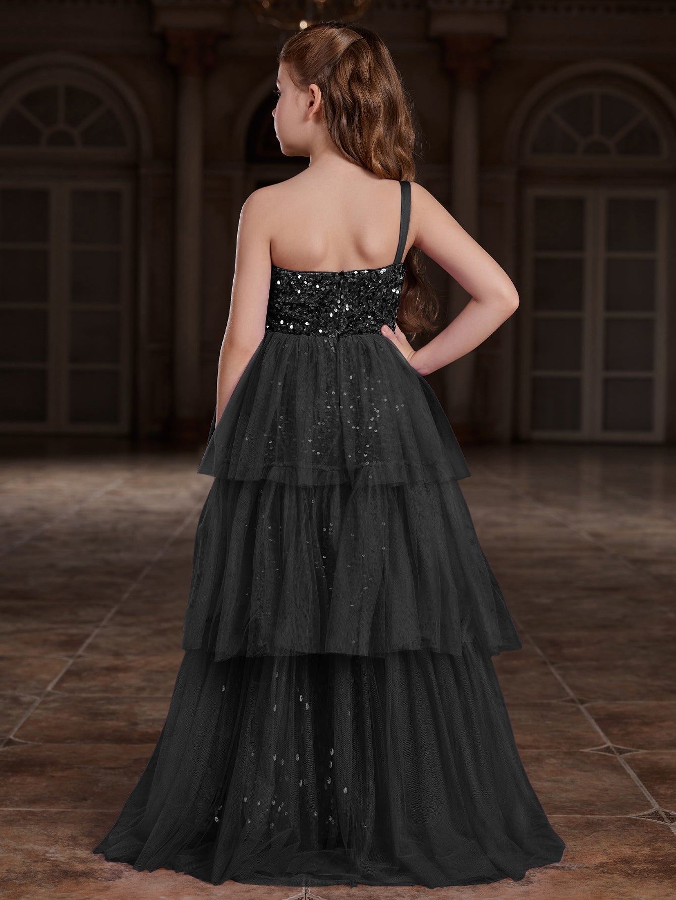 Tween Girls' One-Shoulder Sleeveless Contrast Mesh Sequin Dress — authorized product image 2