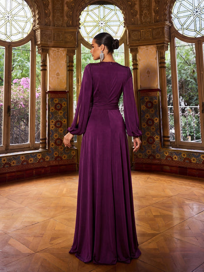 Additional product view of V-Neck Knit High-Slit A-Line Long-Sleeve Evening Gown