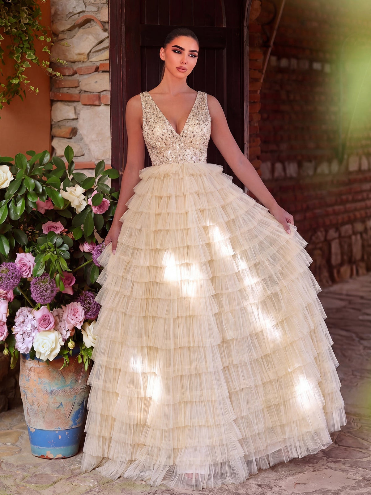 Plunging Sequin Ruffle Sleeveless A-Line Evening Gown — authorized product image 3
