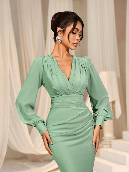 Additional product view of Surplice-Neck V-Neck Chiffon Mermaid Long-Sleeve Evening Gown