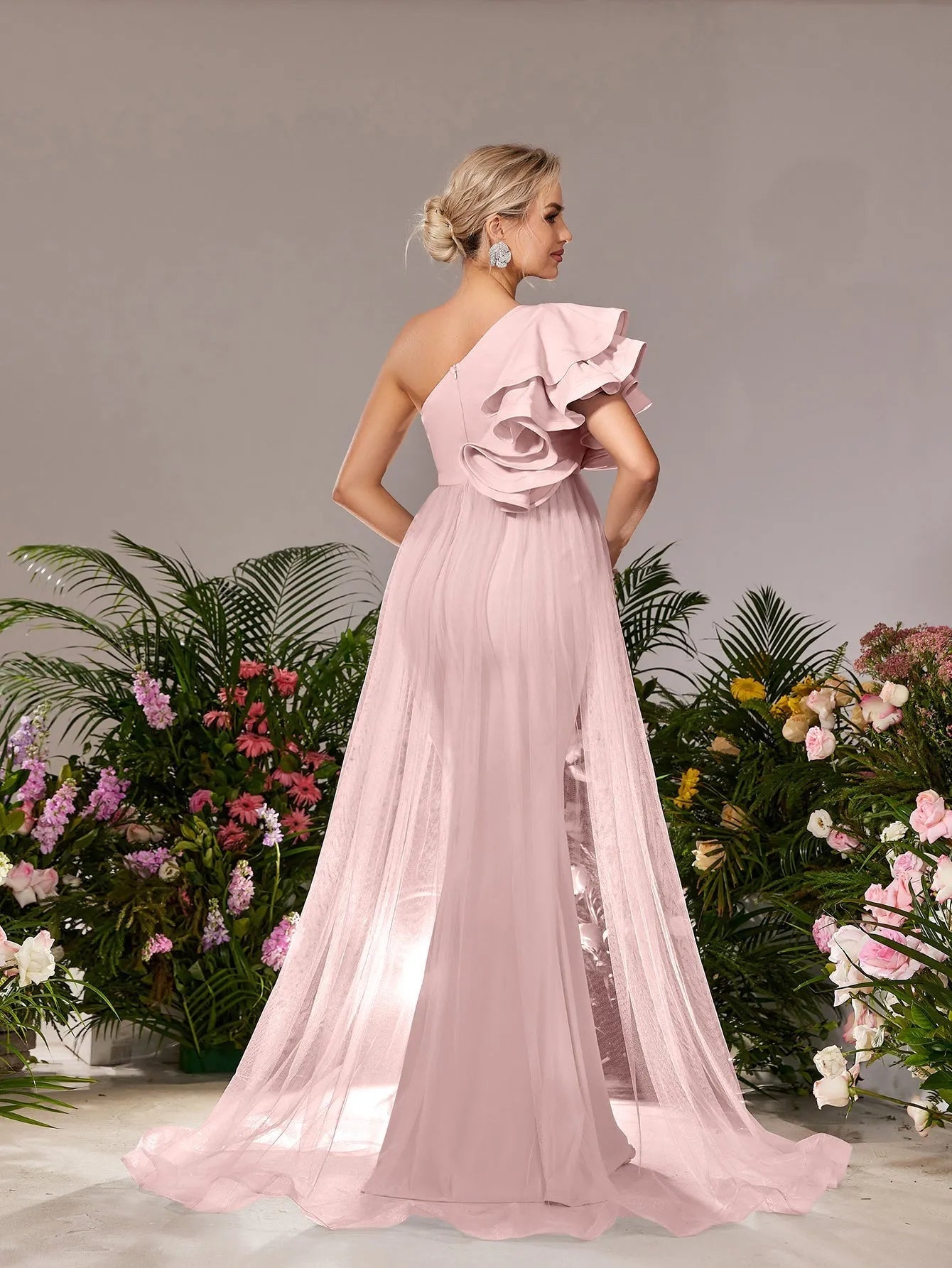 Additional product view of Mesh Overlay Ruffle Trim One-Shoulder Knit Mermaid Maternity Evening Dress