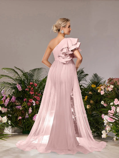 Additional product view of Mesh Overlay Ruffle Trim One-Shoulder Knit Mermaid Maternity Evening Dress