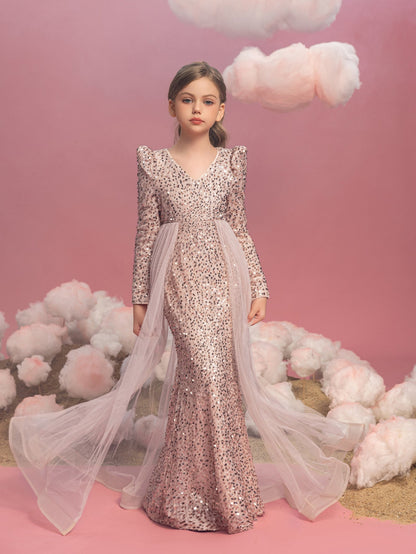 Additional product view of Mesh Overlay V-Neck Sequin Mermaid Long-Sleeve Tween Girls' Party Dress