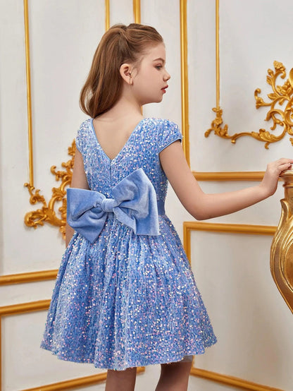 Additional product view of Bow-Back Sequin A-Line Short-Sleeve Midi Tween Girls' Party Dress