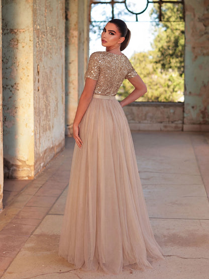 Additional product view of Tulle Skirt Boat-Neck Sequin A-Line Short-Sleeve Evening Gown