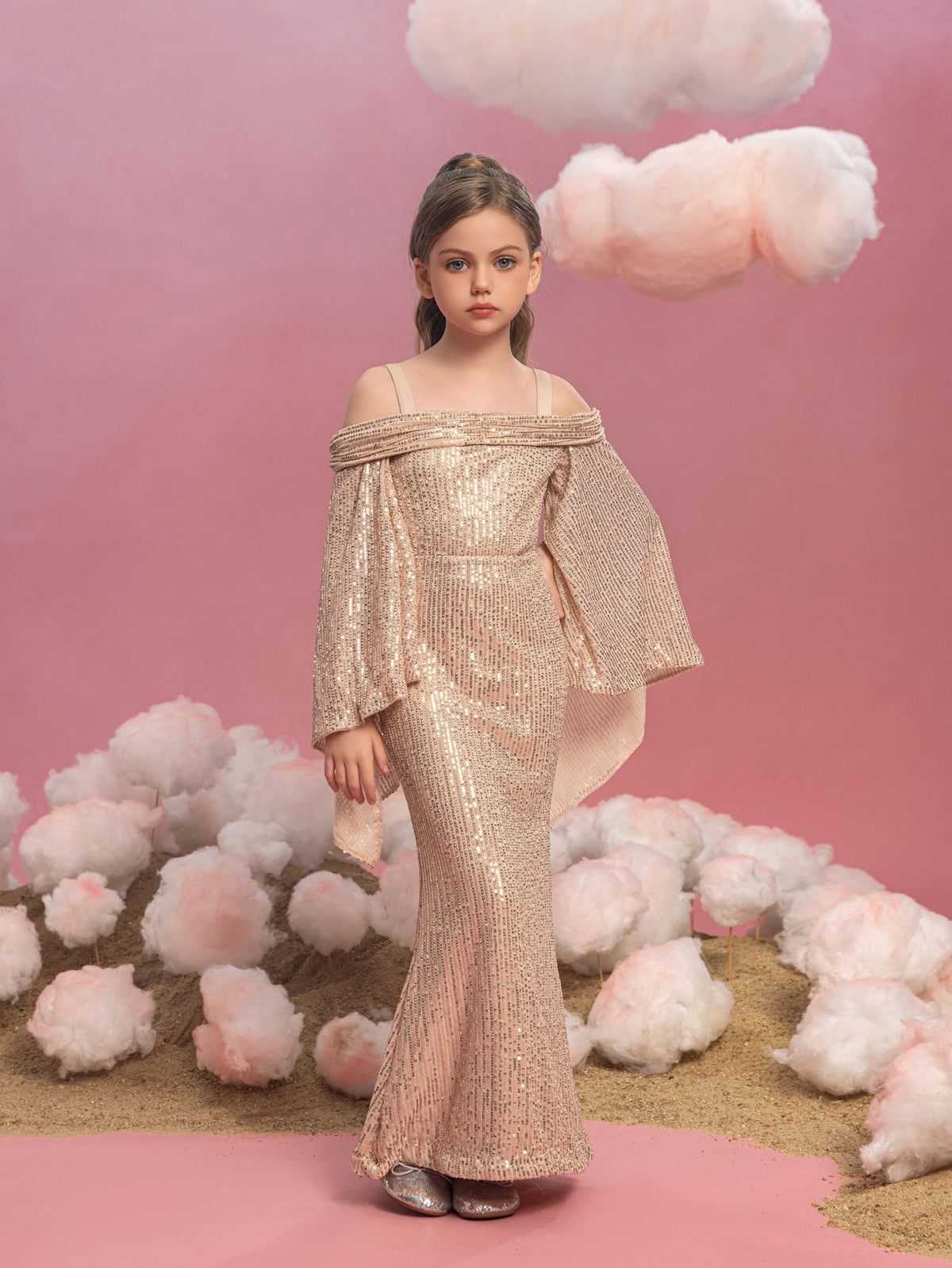 Additional product view of Cold-Shoulder Flare-Sleeve Off-Shoulder Sequin Mermaid Tween Girls' Party Dress