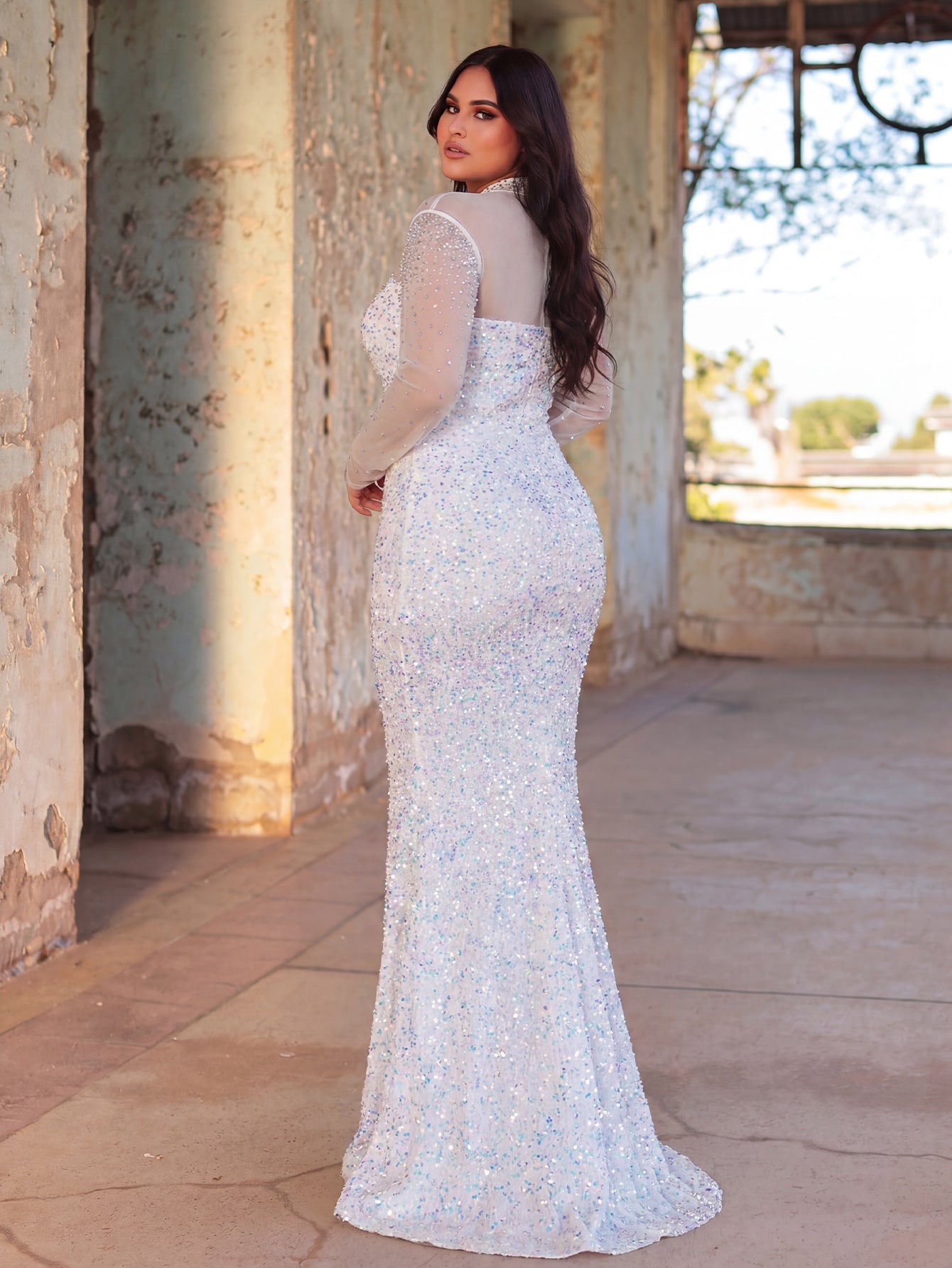 Plus Pearl Decor Mock Neck Sequin Mermaid Dress