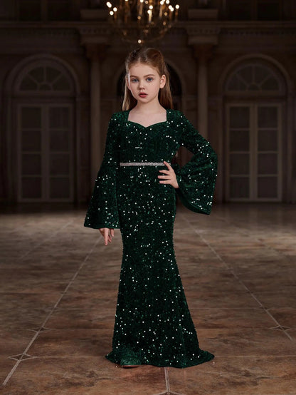 Additional product view of Bell-Sleeve Sweetheart-Neck Sequin Mermaid Maxi Tween Girls' Party Dress