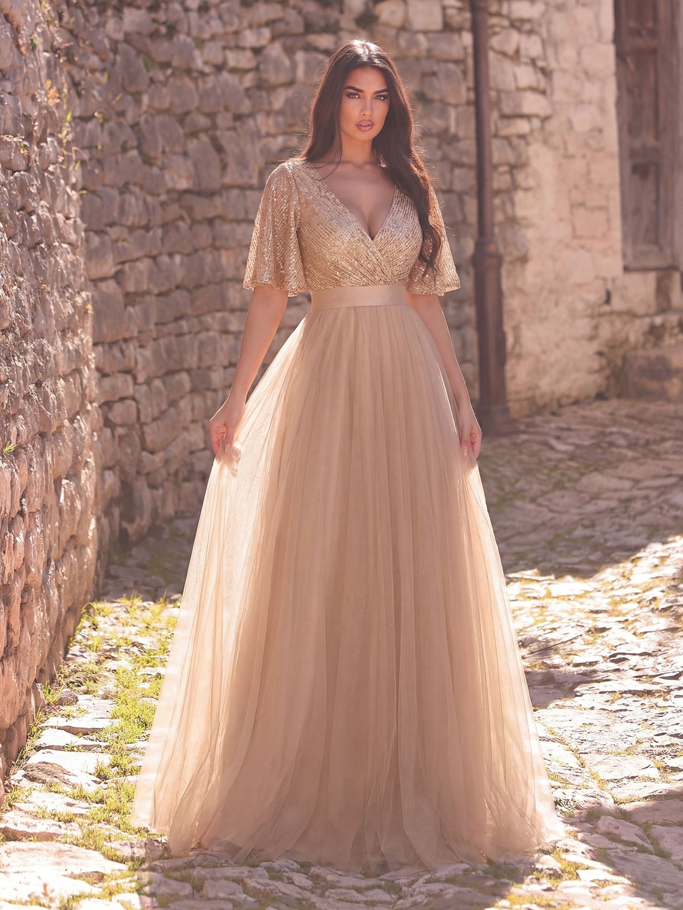 Additional product view of Surplice-Neck V-Neck Mesh Sequin A-Line Evening Gown